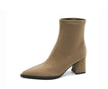 Women's khaki stretch suede pointed-toe ankle boots with a wedge heel on a white background.