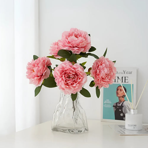 40cm artificial silk peony 5-head bouquet in light champagne colour on white background