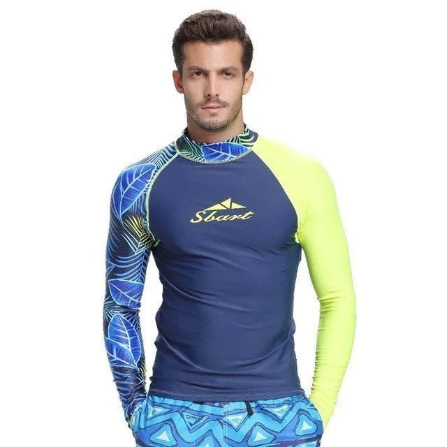 Men's long-sleeved sunscreen swimsuit wetsuit in blue, colour matching design for water use