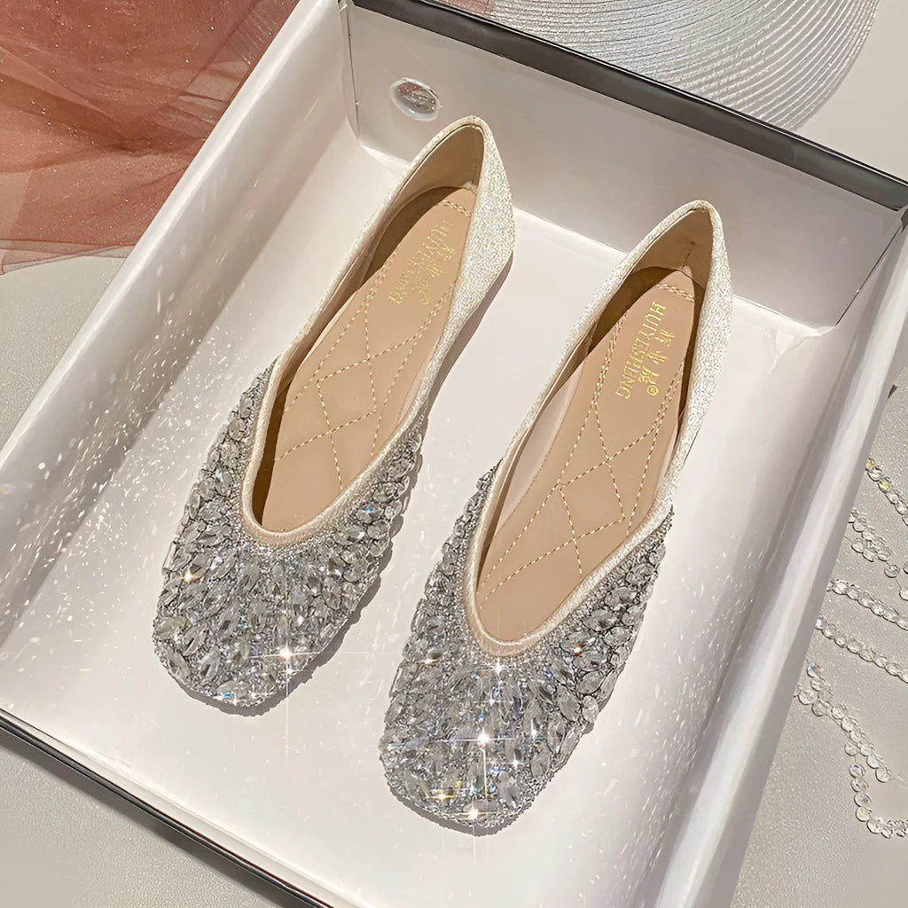 Flat bridesmaid shoes silver square toe satin with rhinestones and sequins
