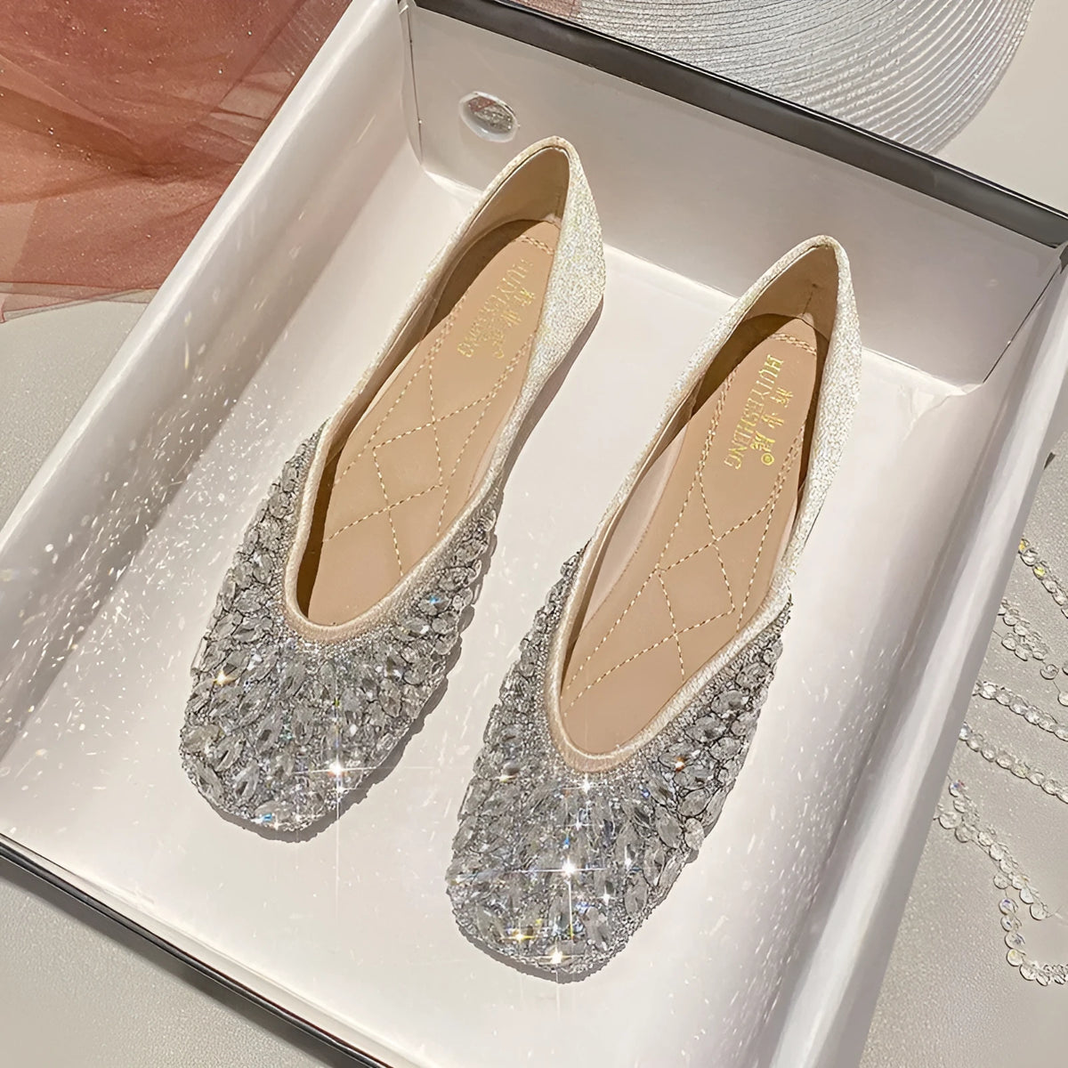 Flat bridesmaid shoes silver square toe satin with rhinestones and sequins