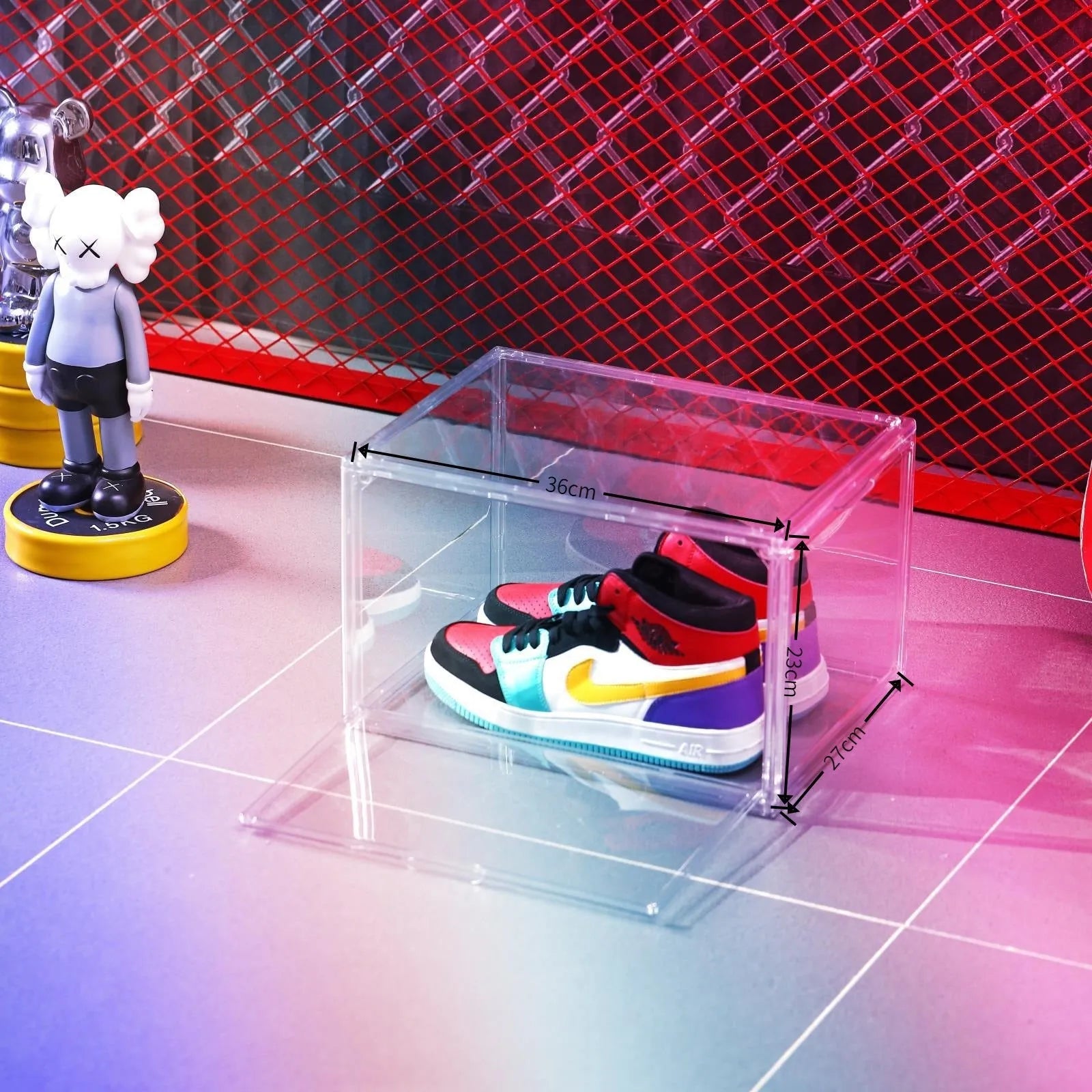 Large clear acrylic shoe storage box with a lid and a magnetic side door open, showing interior space.