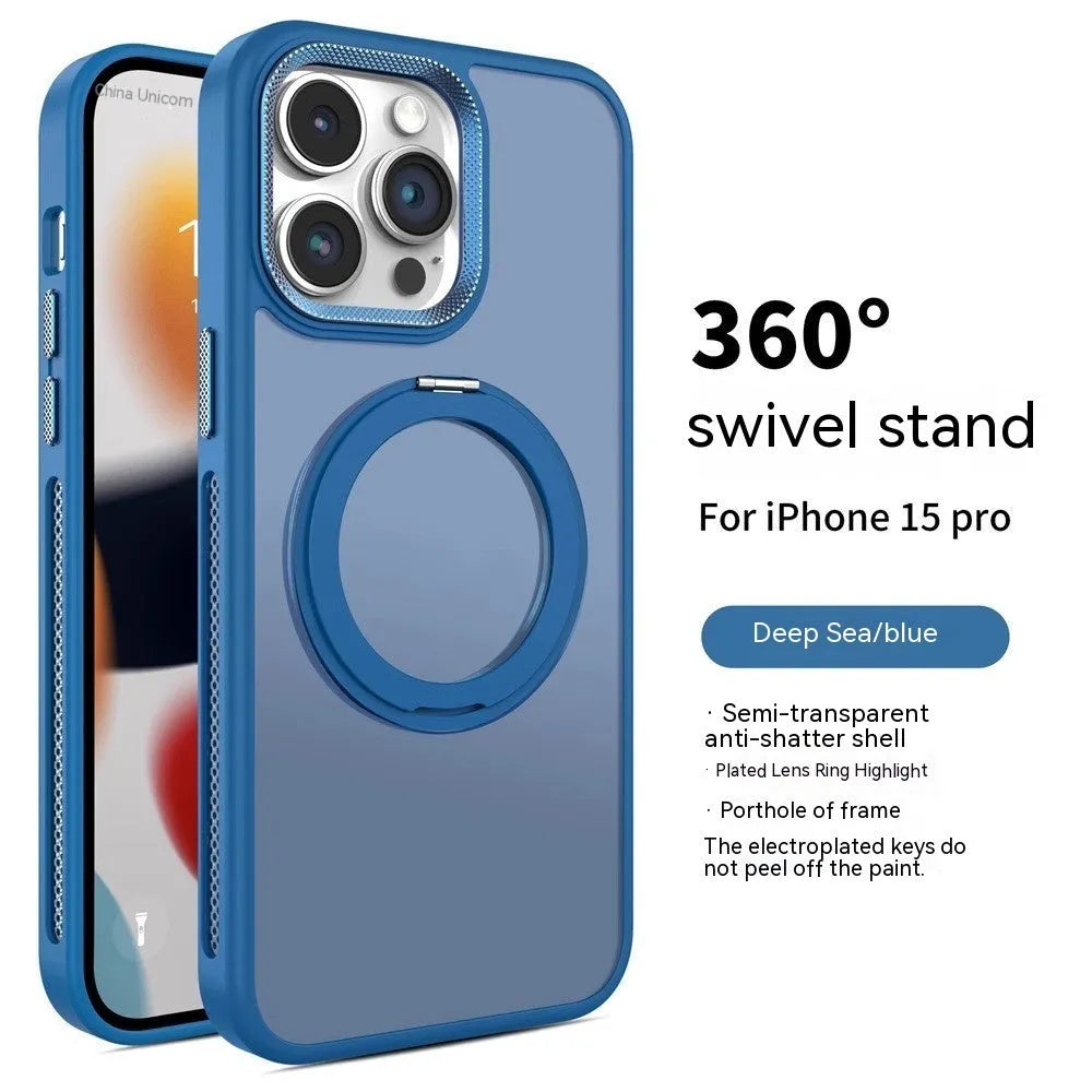 Frosted silicone iPhone case with a rotating stand extended and a magnetic ring on the back.