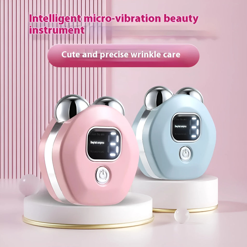 Portable micro current facial massage instrument with dual-roller head in light blue colour