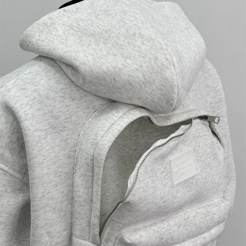 Men's light grey hooded sweatshirt with a schoolbag graphic printed on the back.