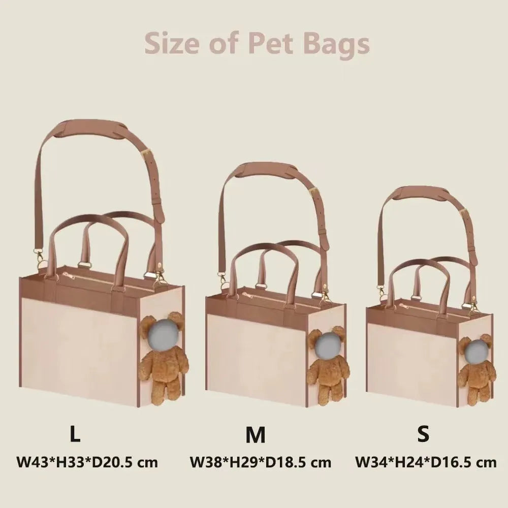 One-shoulder portable dog outing bag in white with brown, 30L capacity, made from PU material, pet product with animal print