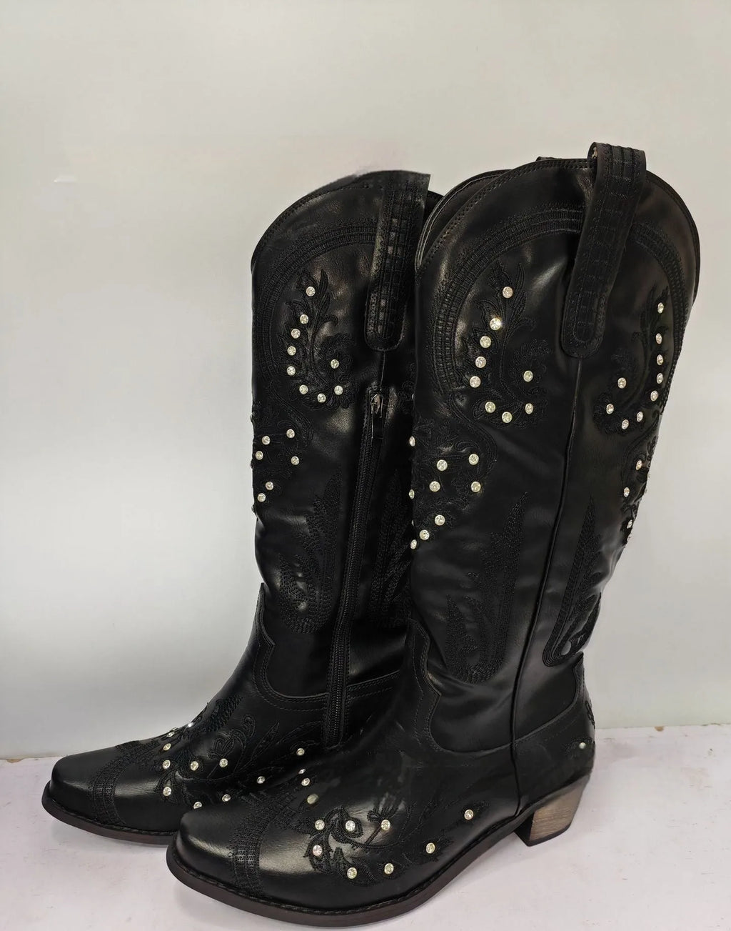 Women's embroidered rhinestone thick high heel high-top boots with side zipper, artificial PU upper, available in multiple colours