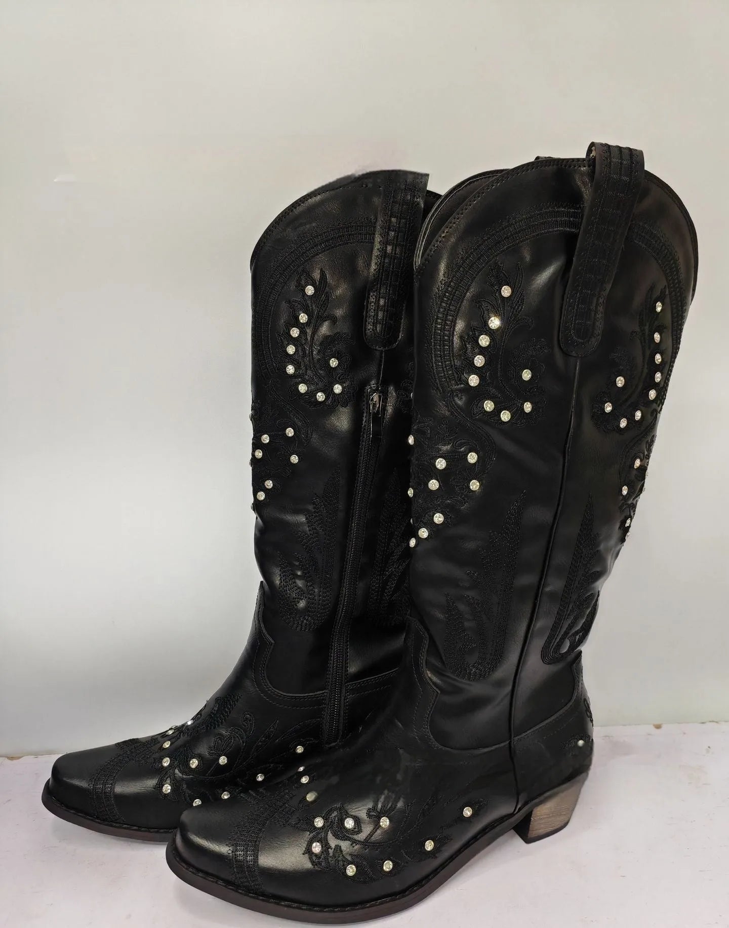 Women's embroidered rhinestone thick high heel high-top boots with side zipper, artificial PU upper, available in multiple colours