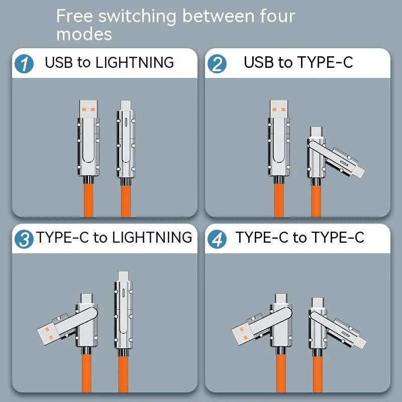 Orange fast-charging cable with Lightning and Type-C connectors, 1 metre long with zinc alloy ends.