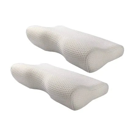 Butterfly-shaped cervical memory foam pillow in blue or milky white colours