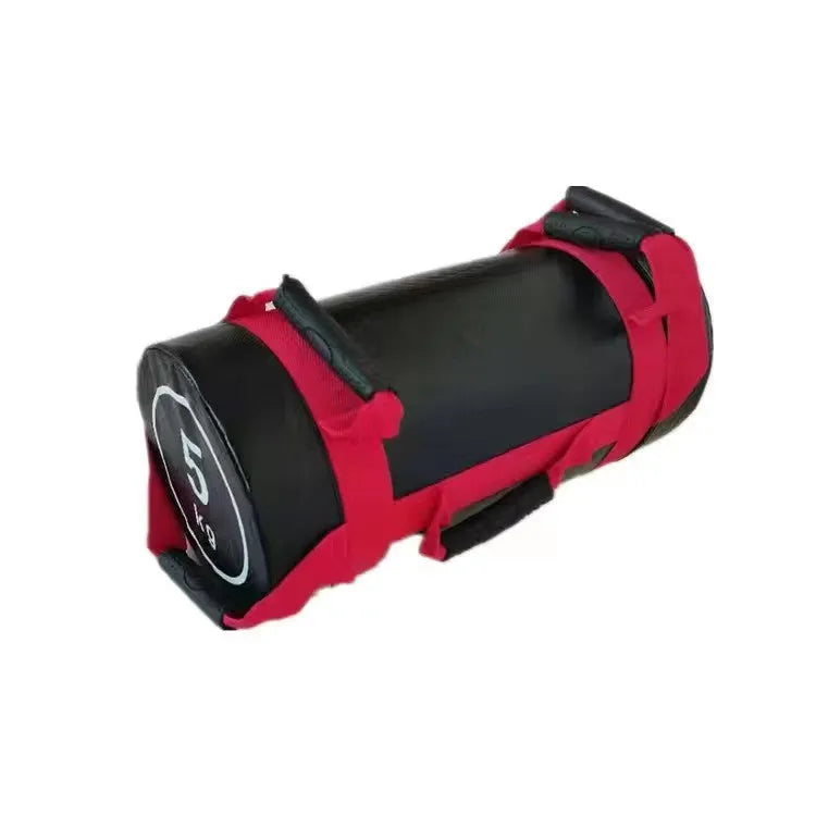 White PVC training sandbag for fitness and weight lifting, shown with weight options from 5KG to 30KG.