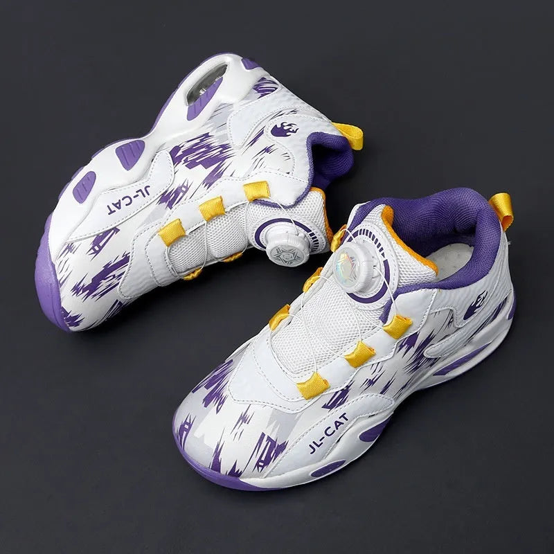Children's rotating button running shoes in black with a cushion basketball design on a white PU sole.