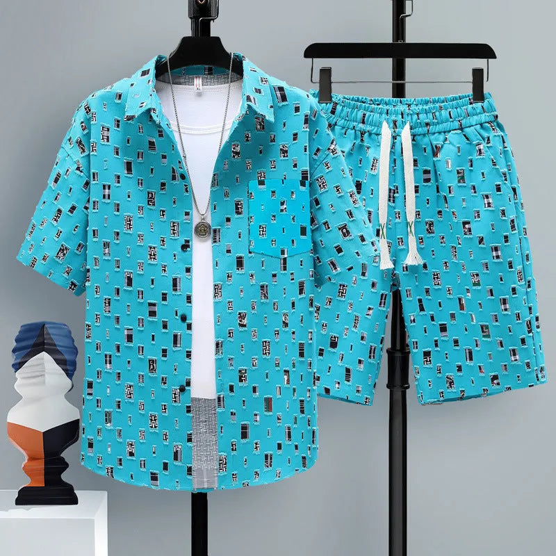 Men's casual polyester short sleeve top and matching shorts two-piece set in assorted colours