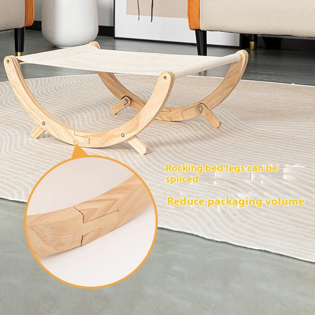Solid wood foldable cat hammock bed with canvas plush sleeping surface measuring 55cm