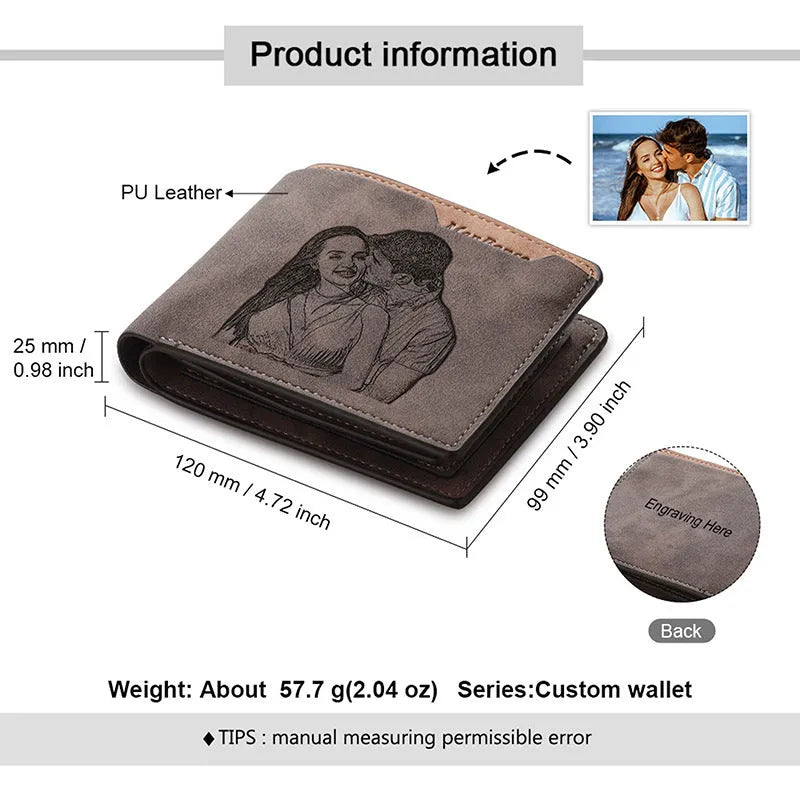 Coffee brown engraved horizontal short wallet showing photo personalisation feature