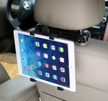 Black car tablet holder mounted on headrest with adjustable bracket for rear seat passengers