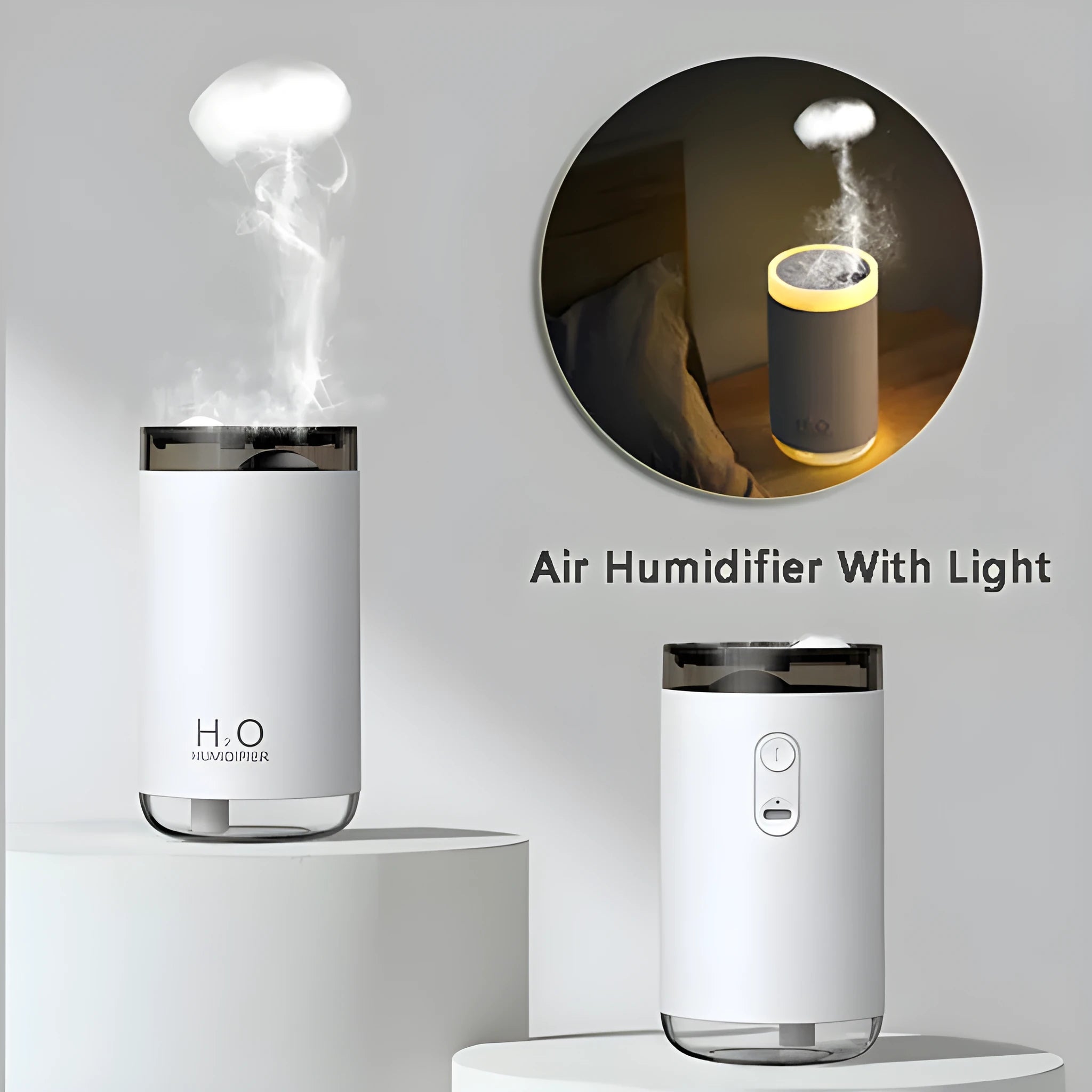 White USB humidifier emitting jellyfish-shaped smoke ring mist with warm night light glow on a desk.