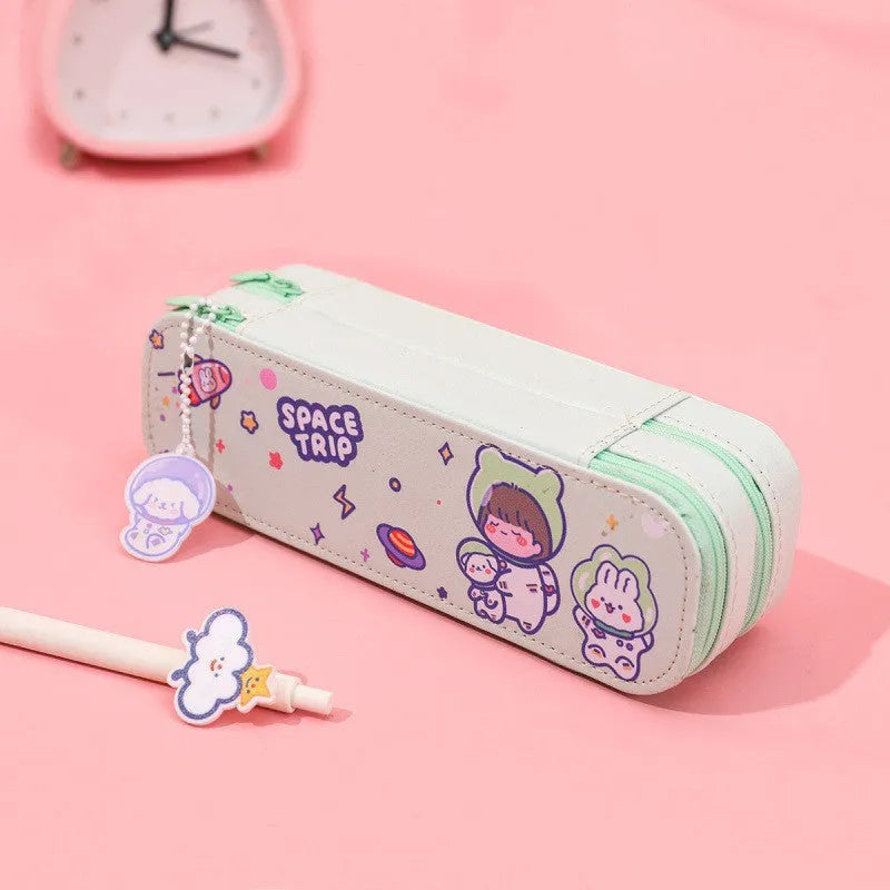 Ins cartoon double-layer PU pencil case with cute astronaut design, available in multiple colours and sizes S to XL