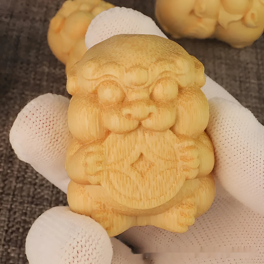 Solid bamboo carving ornament of a Take Money coin, 4.5cm tall.
