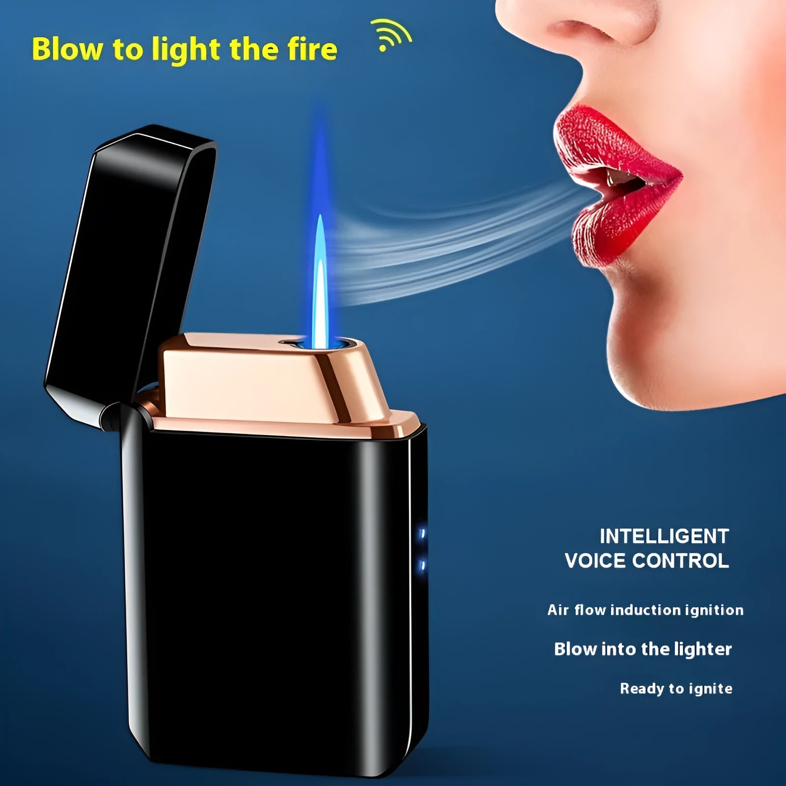 Voice-controlled blow-and-blow ignition torch lighter with metal body and wind-resistant flame in Black Ice finish