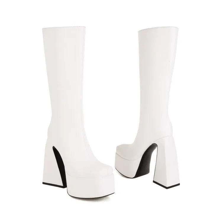 Women's black high boots with artificial PU leather upper, casual style