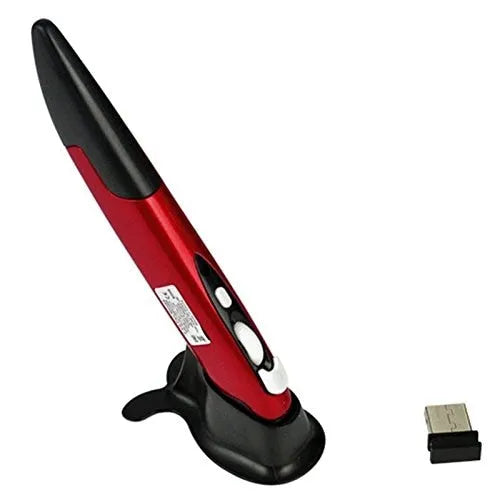 Wireless optical pen mouse in blue with USB receiver and stand on white background
