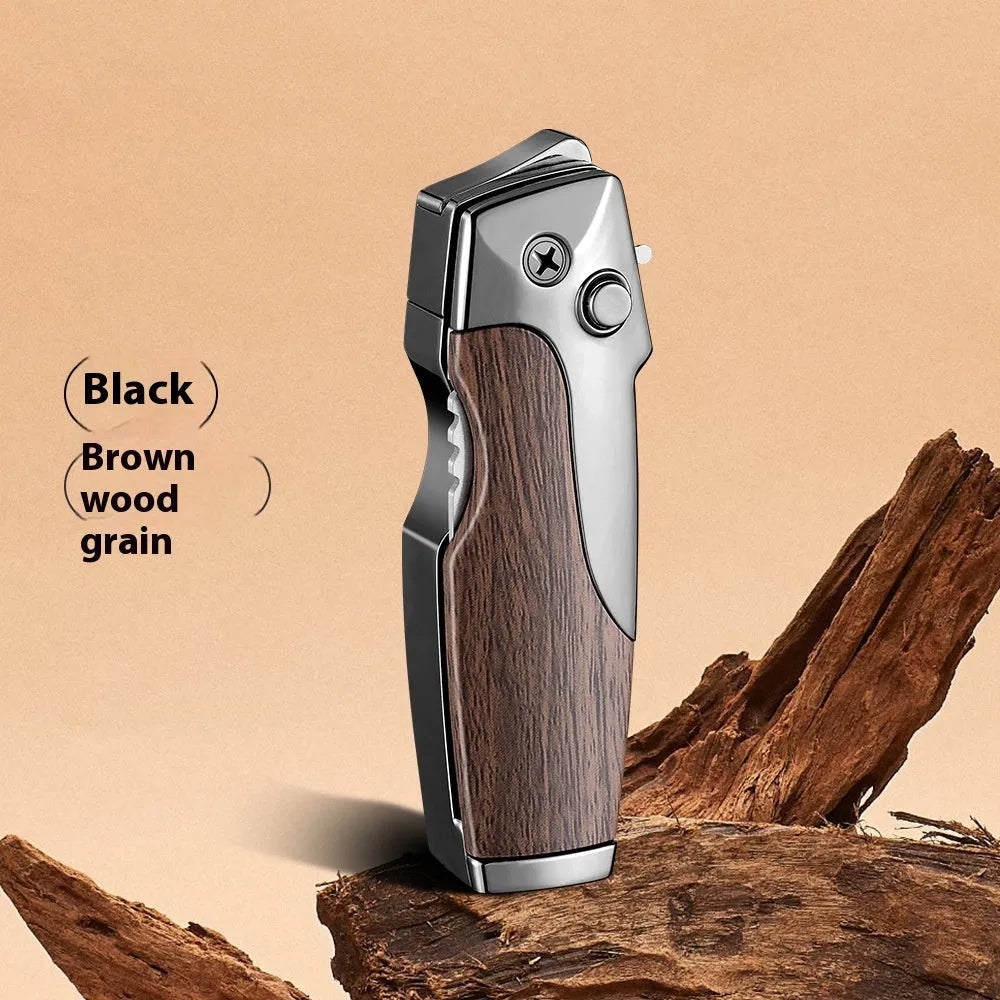 Zinc alloy metal folding lighter tool with integrated knife, shown in a carbon fibre finish.