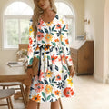 Round neck long sleeve midi waist printing dress for women in pullover style with printed polyester fabric