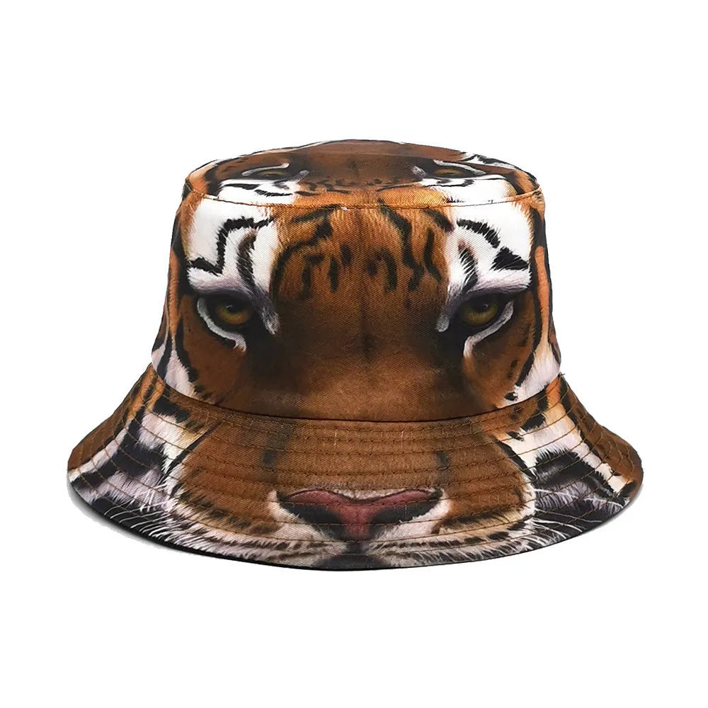 Retro tiger pattern bucket hat with dome crown, polyester, size M 56-58cm, in khaki and black tiger colours