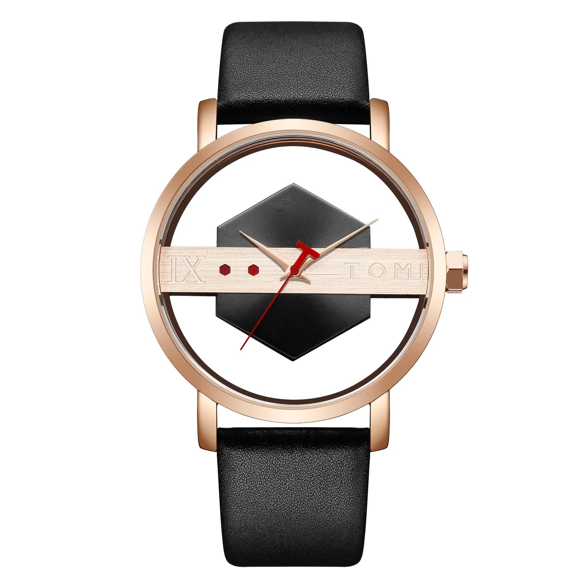 Hollow out see-through unisex leather casual quartz watch with brown gold surface and slim 10mm case