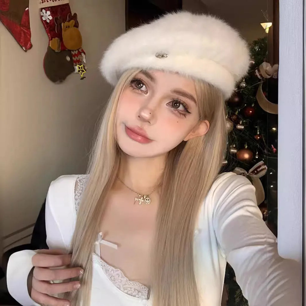 Full hair type women's long straight Milk Tea Gold wig on mannequin head with matching hair net