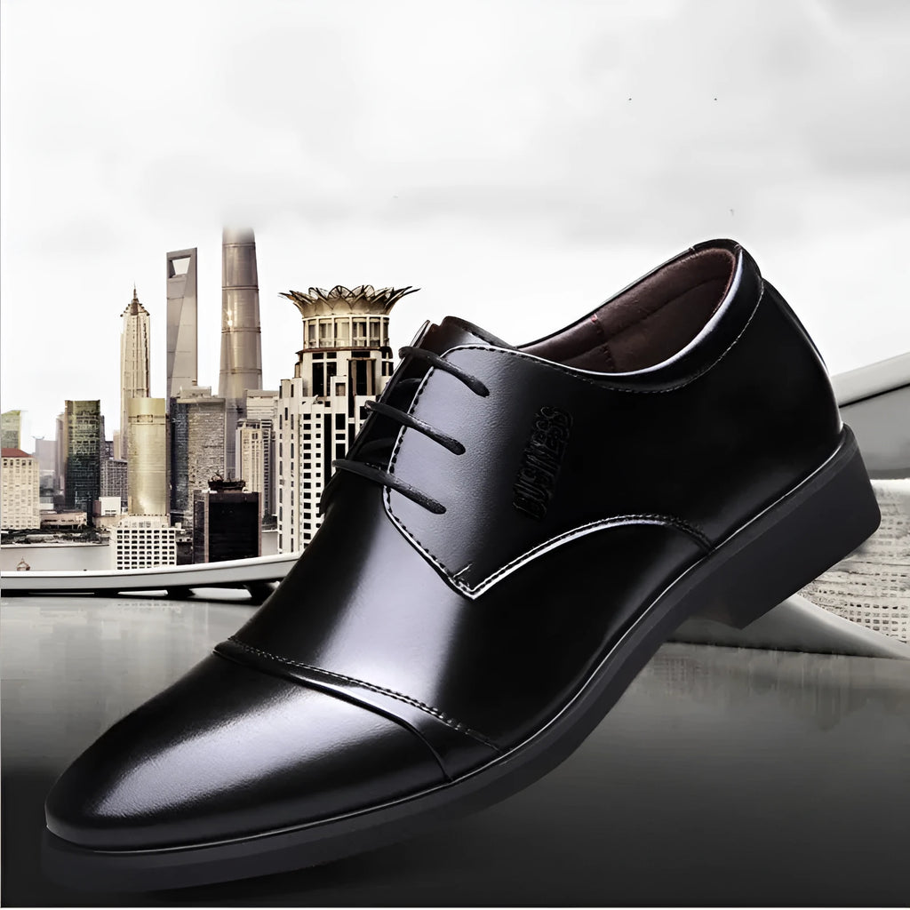 Men's plus size black PU leather formal lace up shoes with rubber sole and horse buckle detail