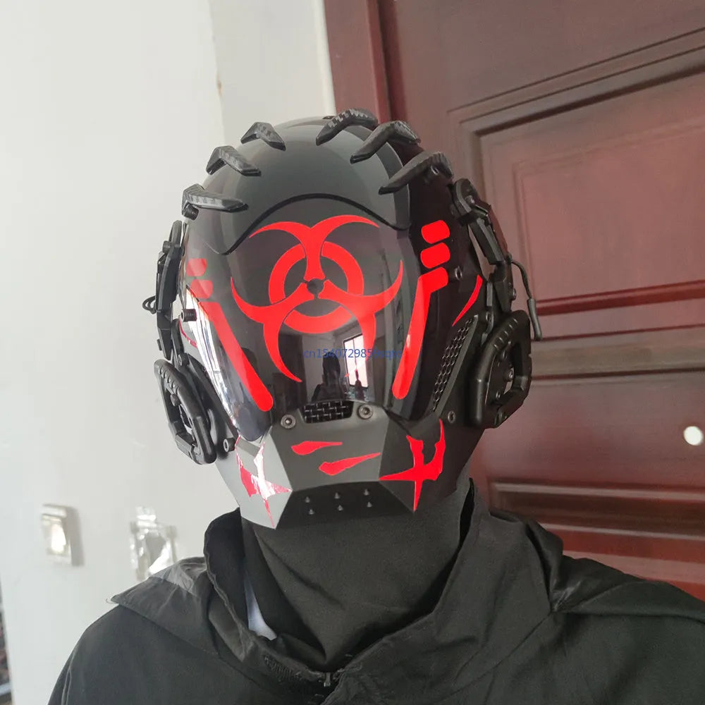 Black bioweapon tech style full face prop helmet for cosplay and costume parties