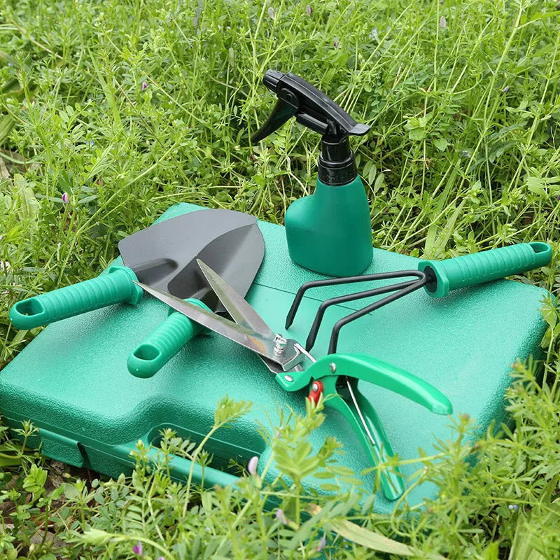 Ten-piece gardening tool set with iron heads and plastic handles, green colour option