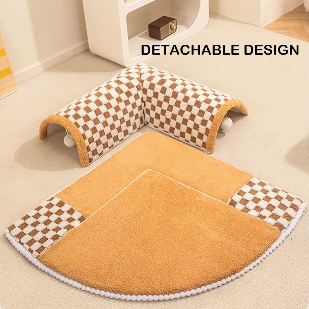 Coffee-colour fan-shaped plush pet bed tunnel for dogs and cats with a thick padded mat and anti-slip base.
