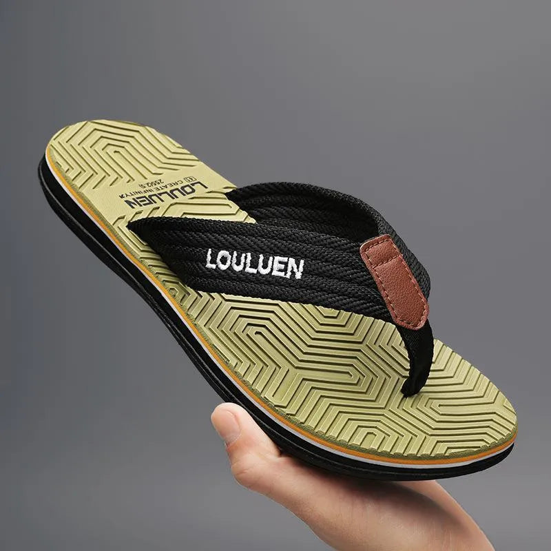 Men's flip flops in black, khaki, or green with a non-slip PVC sole and EVA upper.