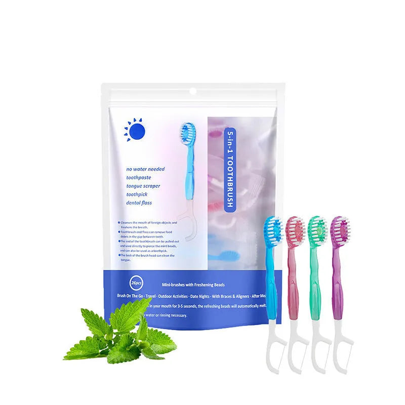 Exploding bead disposable mini toothbrush with toothpaste beads in four flavours for travel