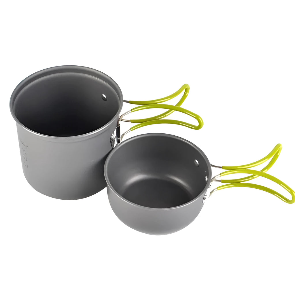 Green DS-101 camping cookware aluminium pot with separate cover, mesh bag, and colour box