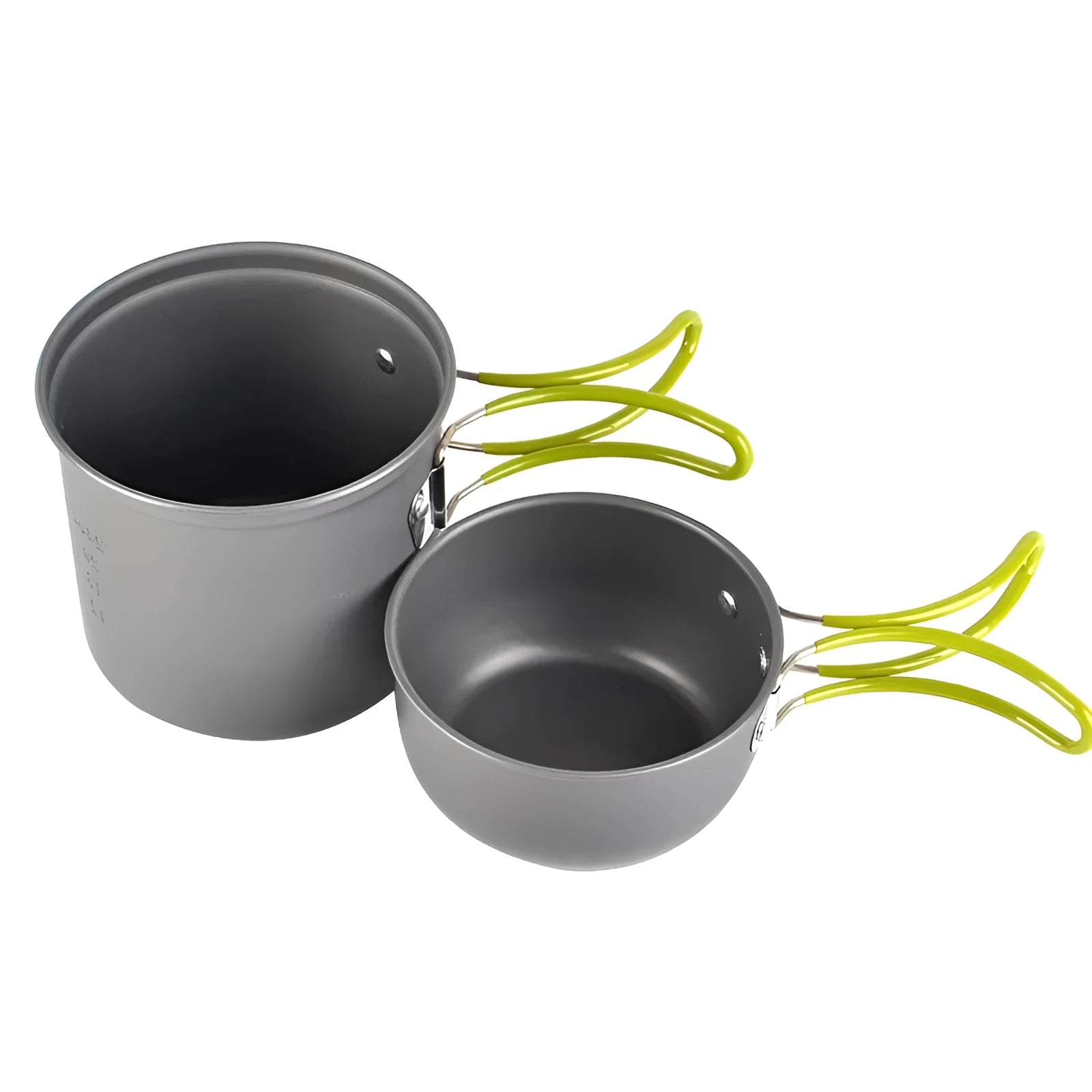 Green DS-101 camping cookware aluminium pot with separate cover, mesh bag, and colour box