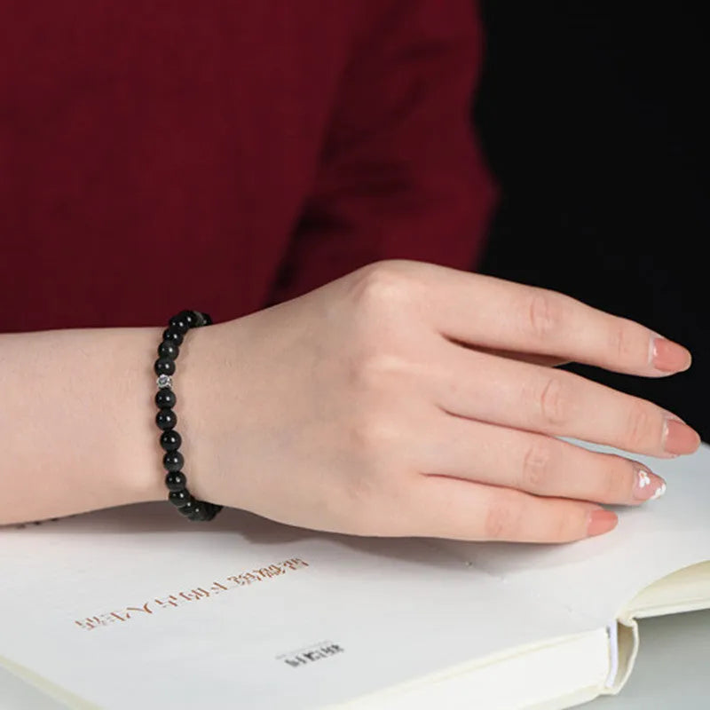 Natural obsidian bracelet with S925 silver dragon phoenix decorations and small flower accessories