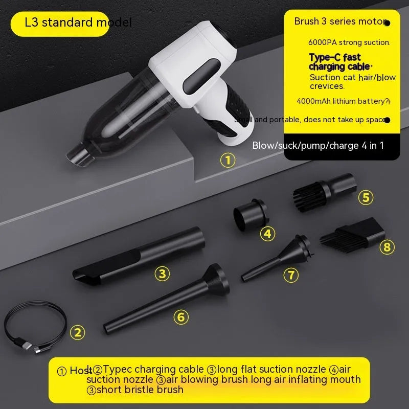 Black cordless handheld car vacuum cleaner with attached brush nozzle and charging cable.