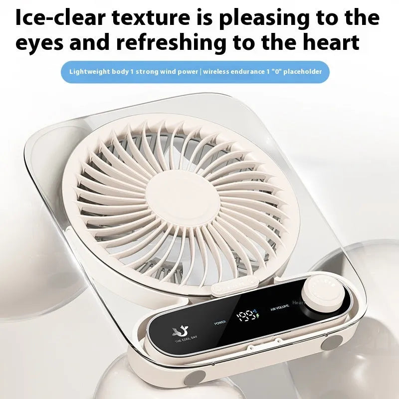 Ultra-thin desktop digital display fan with night lamp in Ling transparent white, plastic blade, USB charging, 3000mAh battery