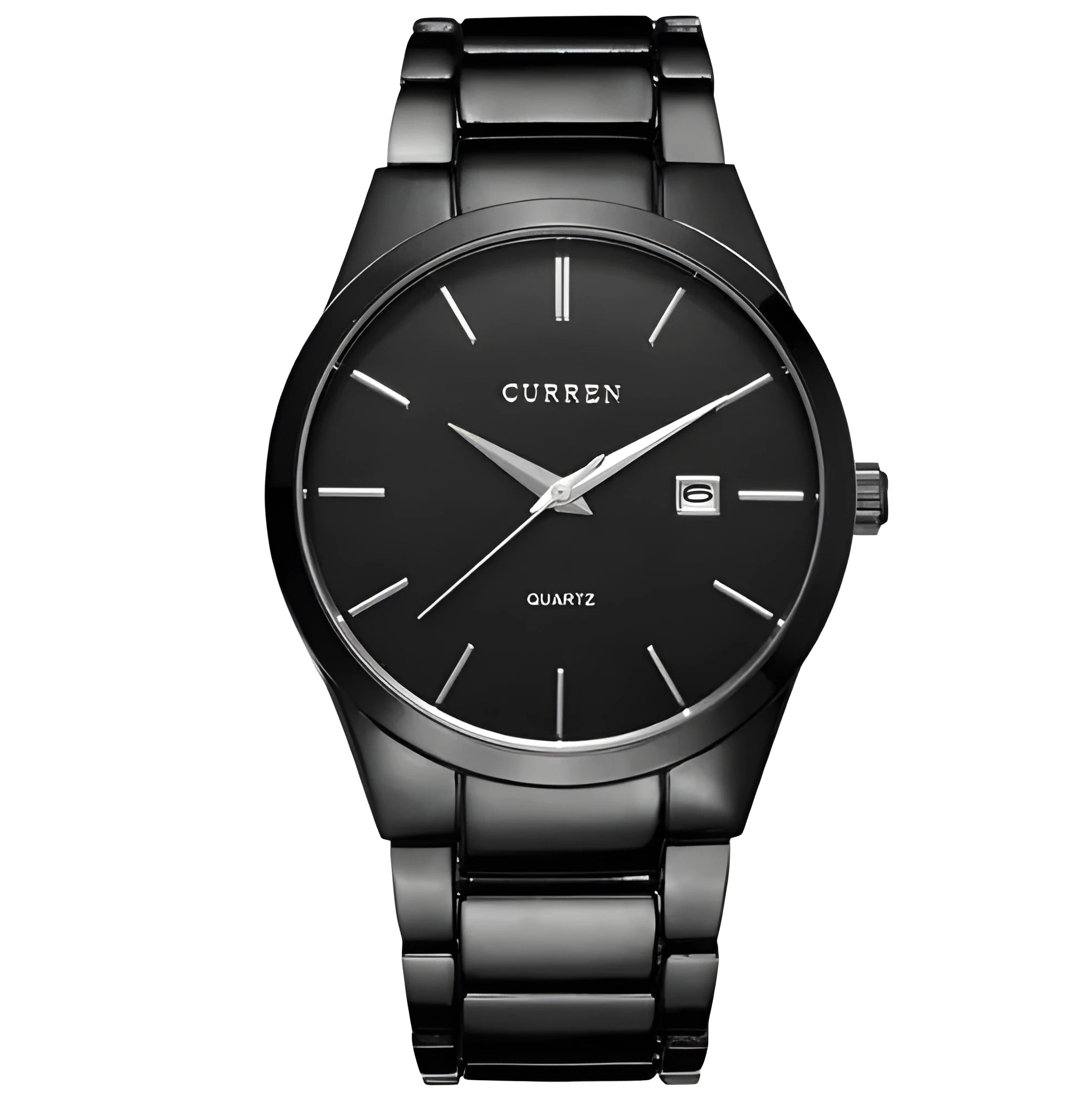 Men's analog quartz wristwatch with date display, 40mm dial, Hardlex crystal, black dial with silver bezel