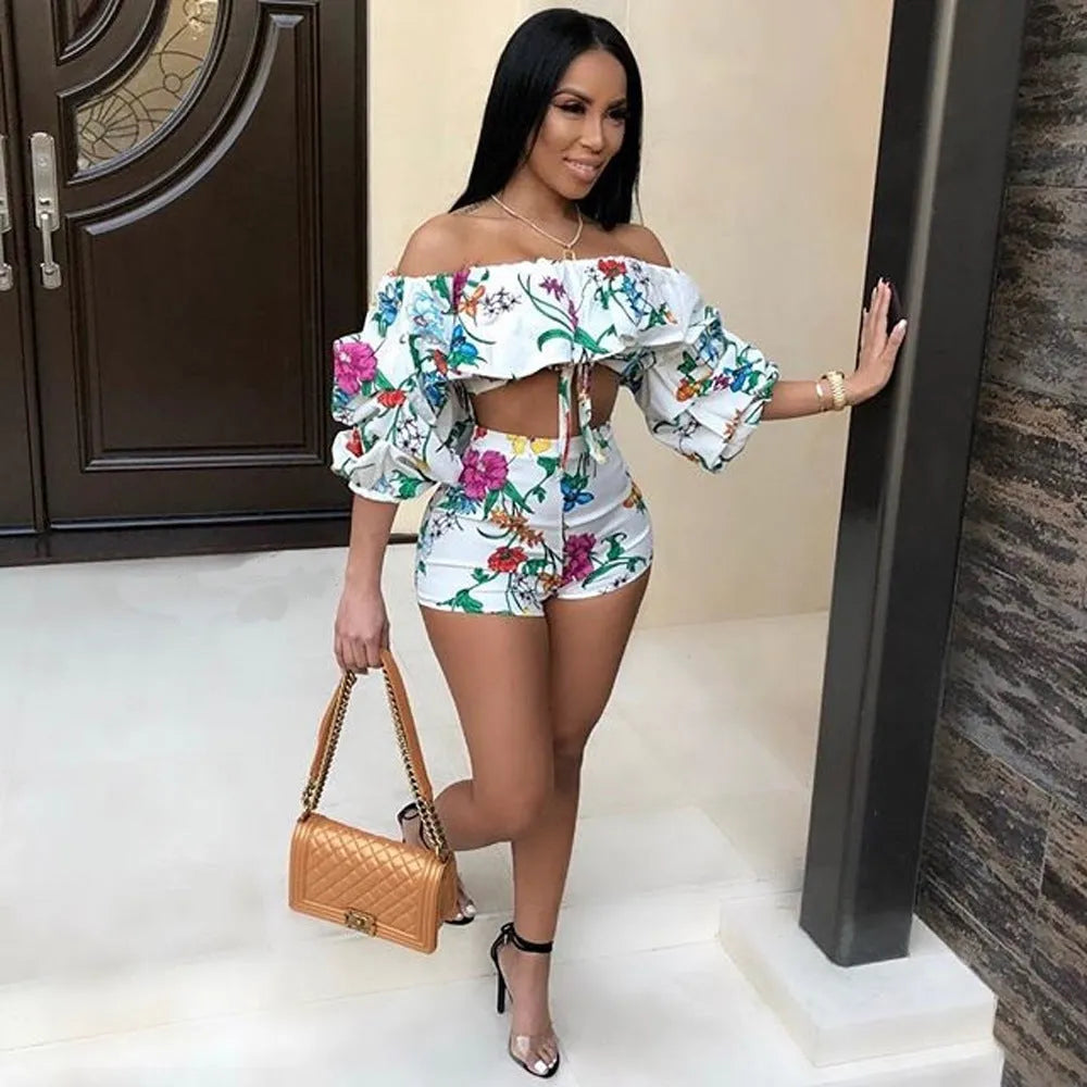 Multicolour digital print two-piece set with pile sleeves short top and matching shorts