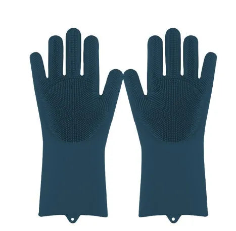 Blue silicone cleaning gloves with a textured sponge palm design for scrubbing.