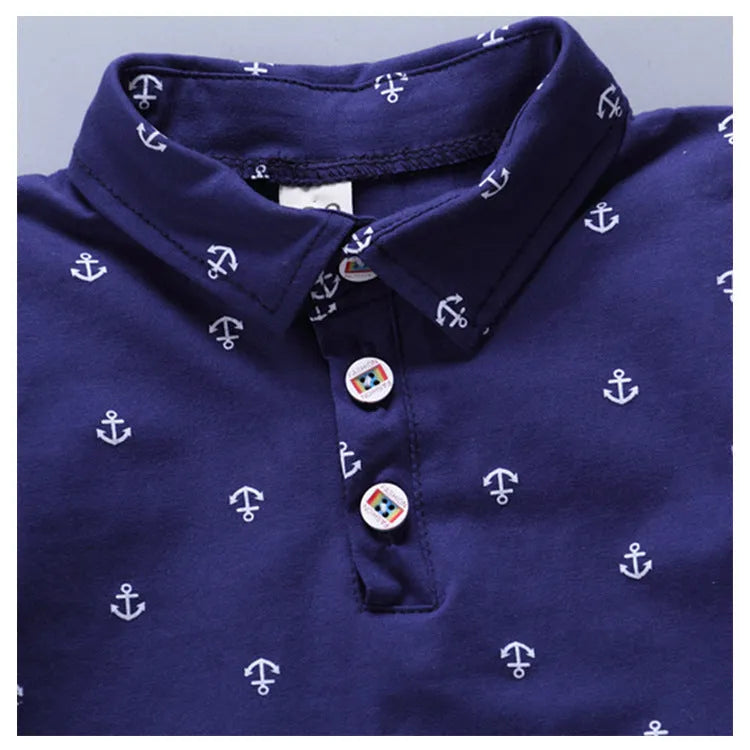 Children's blue cotton pullover pants suit with short sleeves for infant or toddler