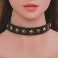 Bronze rivet cowhide leather punk collar with buckle closure on display