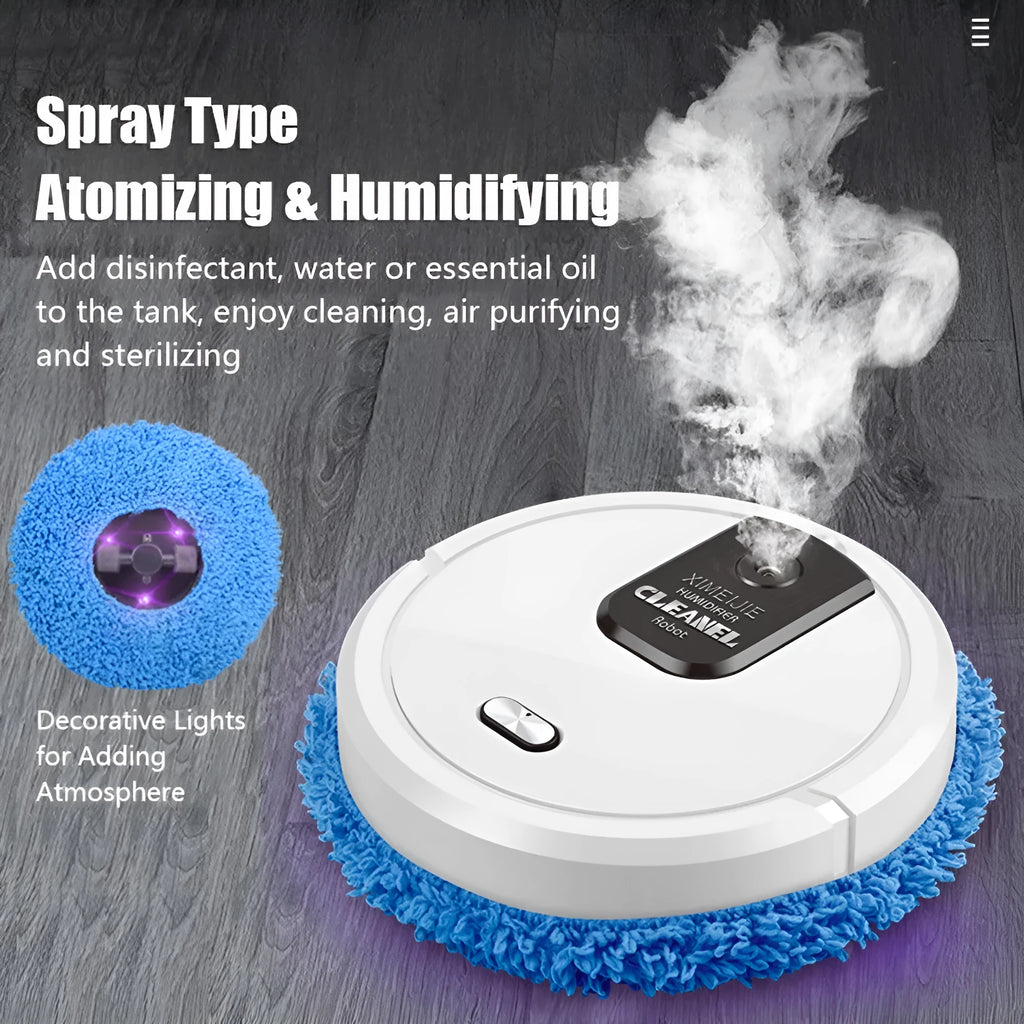 Automatic sweeping robot with wet and dry mopping cloths on a tile floor, showing slim 65mm body