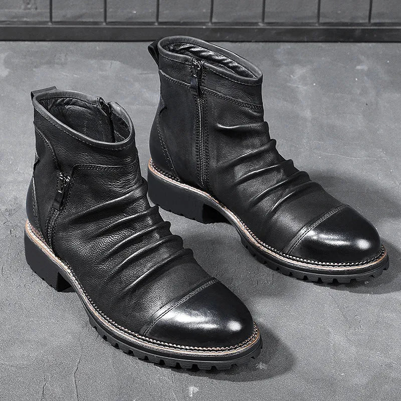 Men's black embossed PU cowboy boots with a side zipper and a mid-height horseshoe heel.