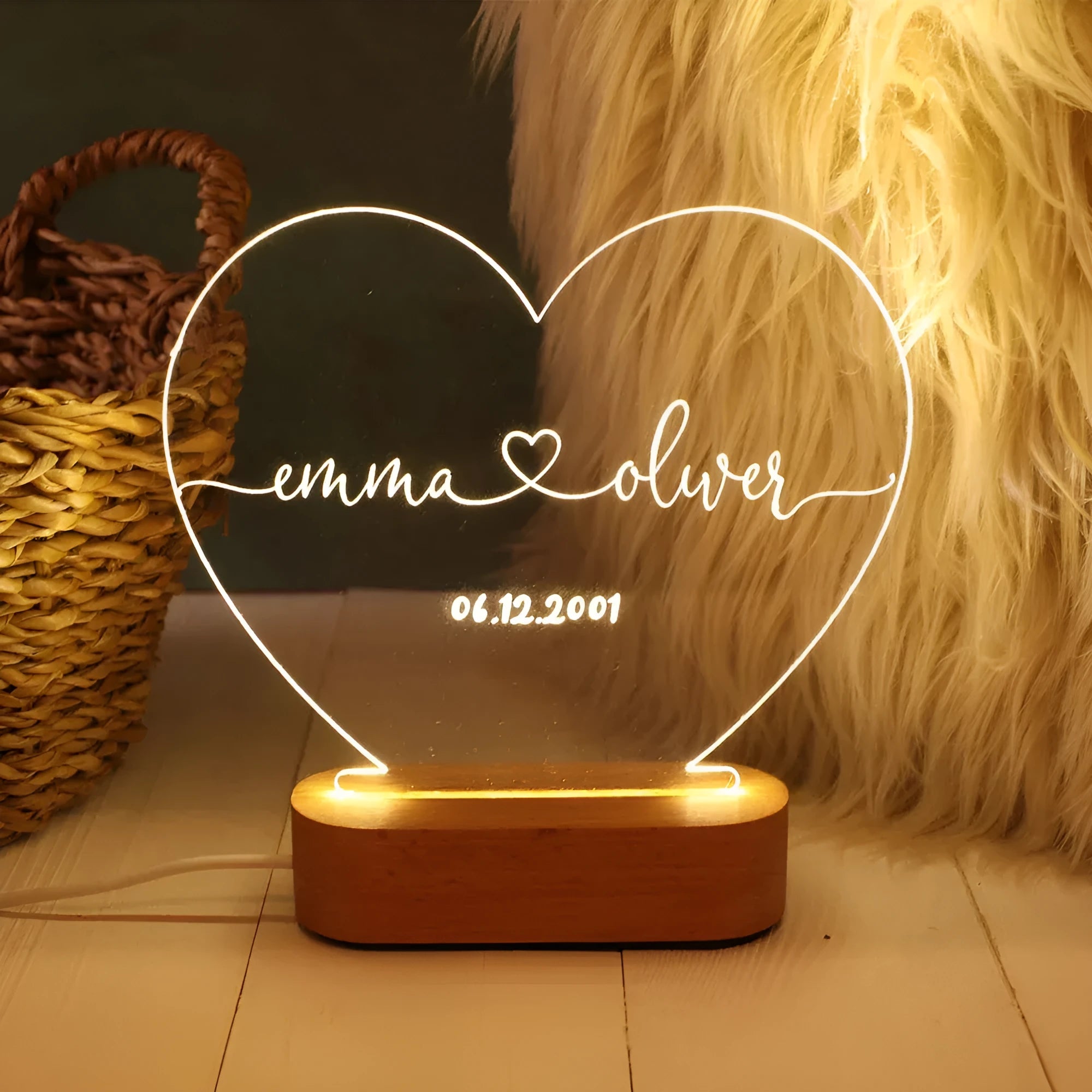 Personalised acrylic night light displaying custom text with USB cable, dimensions 20cm by 11.5cm